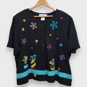 Vintage Anna Maxwell Plus Size Embroidered Neon Y2K Flower Boxy Button Down 22W